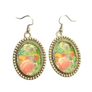 Floral Print Silver Victorian Style Earrings